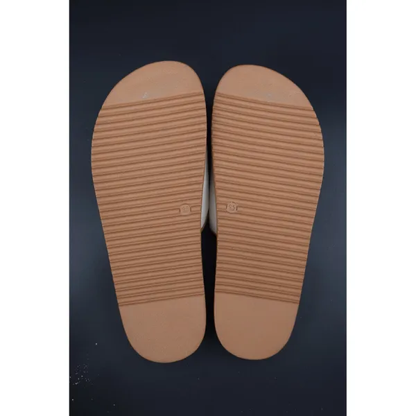 Steve Madden Slide Sandals Womens White Tan Gold Buckle Size 9.5 Canvas Slip - Image 10