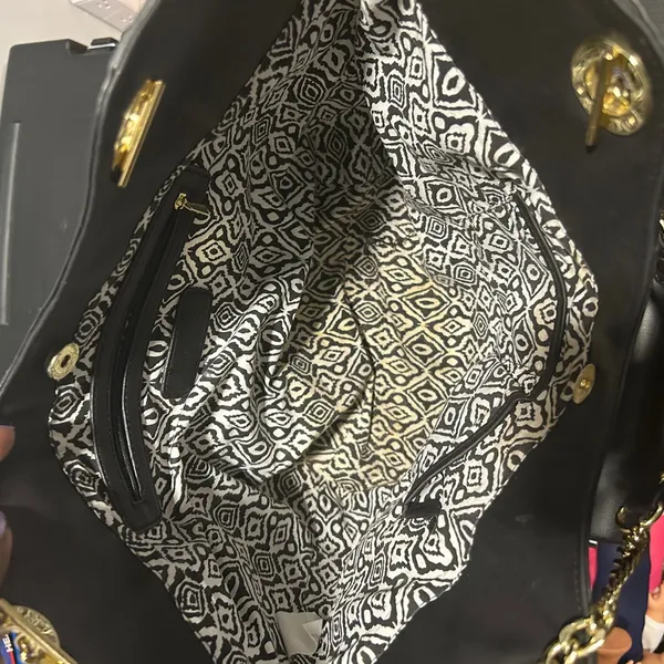 Black Faux Leather Tote Bag with Gold Accents - Image 7