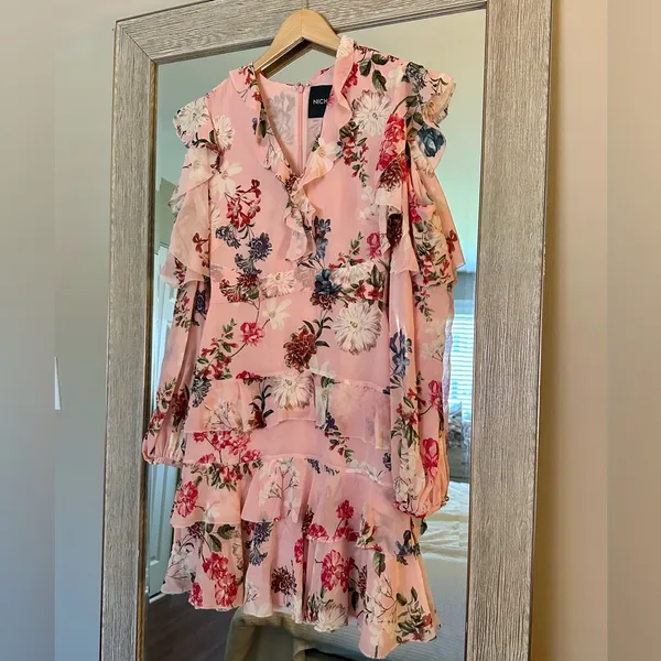 NICHOLAS Pink Floral Long Sleeve Ruffle Cold Shoulder 100% Silk Dress Size 2 XS - Image 2