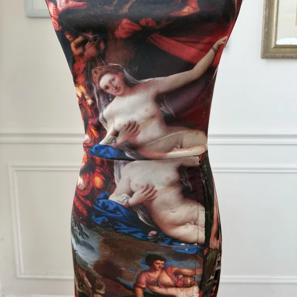 Pretty Little Thing Mesh Bodycon Ruched Mini Dress Renaissance Artwork Print 4 - Image 4