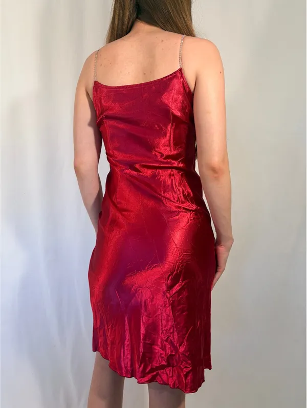Red Satiny Rhinestone Strap Midi Dress - Image 2