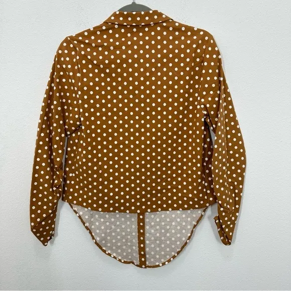 Revolve Le Rumi Size Small Carmel Brown Polka Dot Tie Front Button Down Crop Top - Image 7