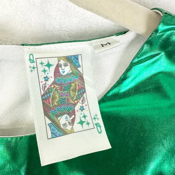 Queen of Sparkles Metallic Iridescent Puff Sleeve Crop Top Medium Green NWOT - Image 3