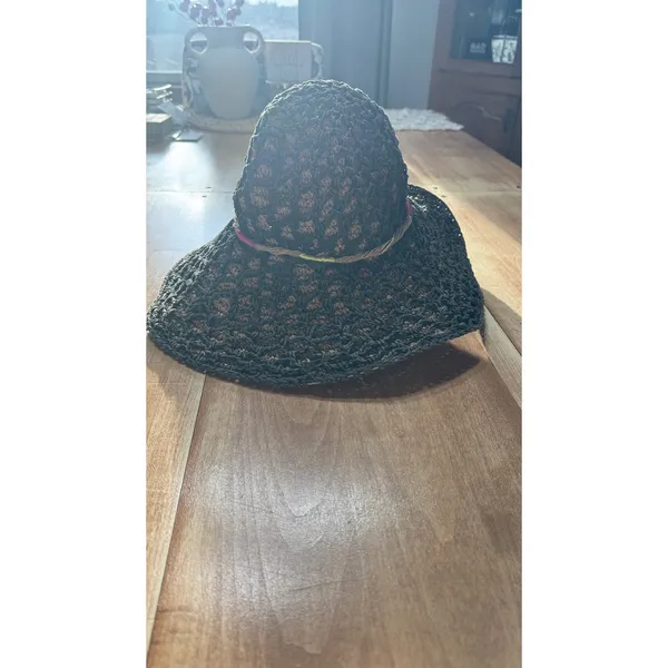 Betsey Johnson Womens Brown Black Paper Straw Floppy Sun Hat Rainbow‎ Trim OS - Image 2