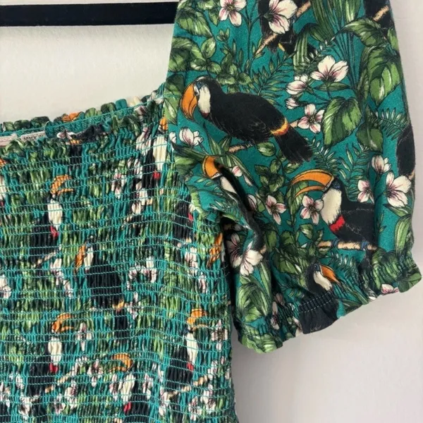 Anthropologie Dolan Left Coast Smocked Puff Sleeve Green Toucan Print Top Floral - Image 5
