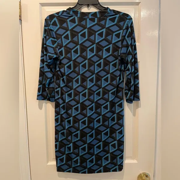 Banana Republic Abstract Print V-Neck‎ Long Sleeve Dress Black Blue Size Medium - Image 4