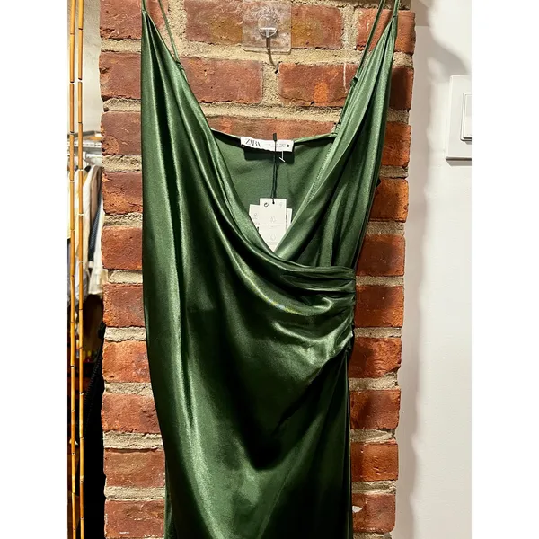 Zara Emerald Green Satin Draped Midi Dress NWT M 90s Minimalist Slip - Image 3
