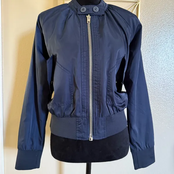 Free People Midnight Bomber Jacket Full Zip Sateen Navy Blue size Small - Image 7