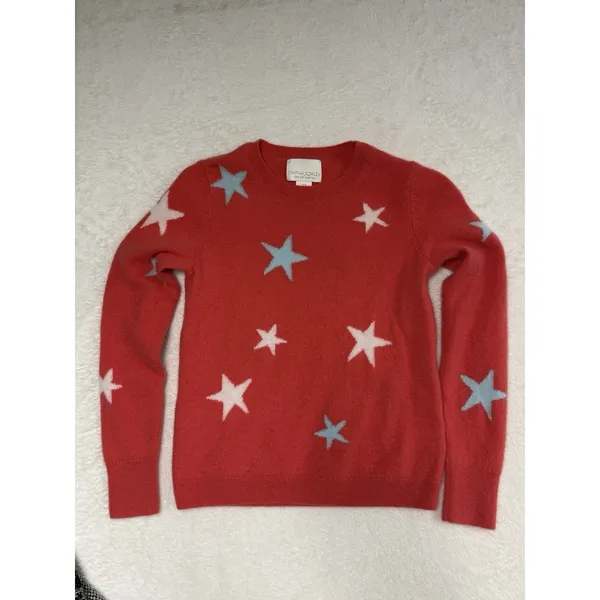 CYNTHIA ROWLEY 100% 2- PLY CASHMERE Sweater Coral Red Stars Embellished Sz‎ M - Image 4