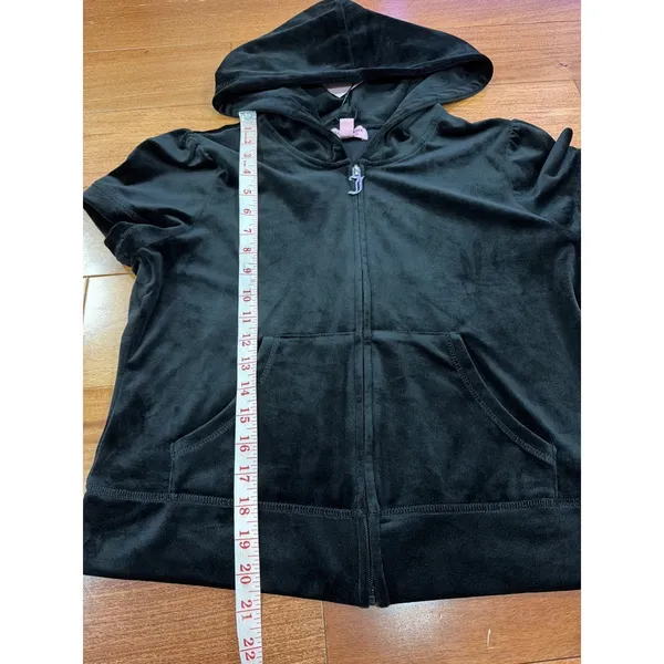 Juicy Couture NWT Tracksuit Set Womens Black Velour Rhinestone Hoodie Shorts L - Image 7