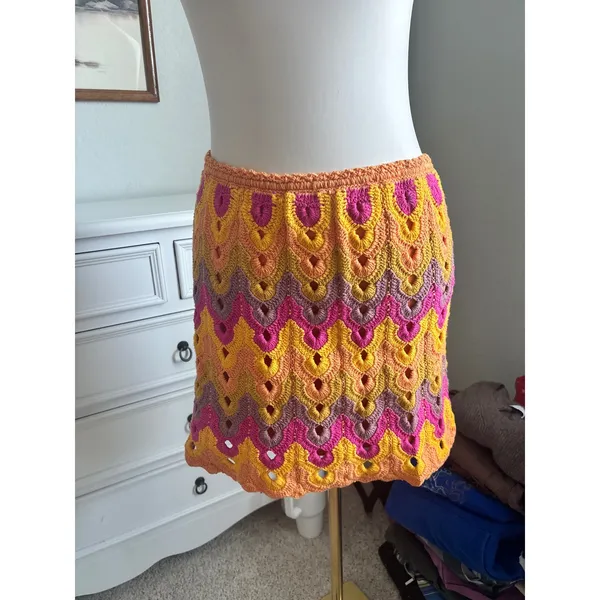 Free‎ People Crochet Mini Skirt Womens Small Orange Excellent Boho Chevron - Image 3