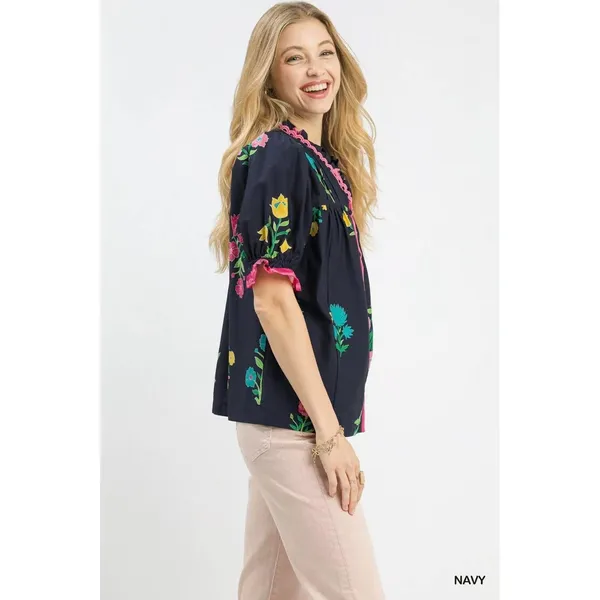 Umgee‎ Petal Parade Print Button-Down Blouse - Navy - Medium - Image 2