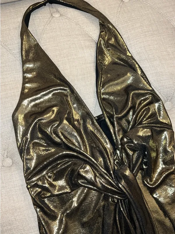 SHEIN Metallic Gold Plunge Tie-Front Maxi Dress - Image 3