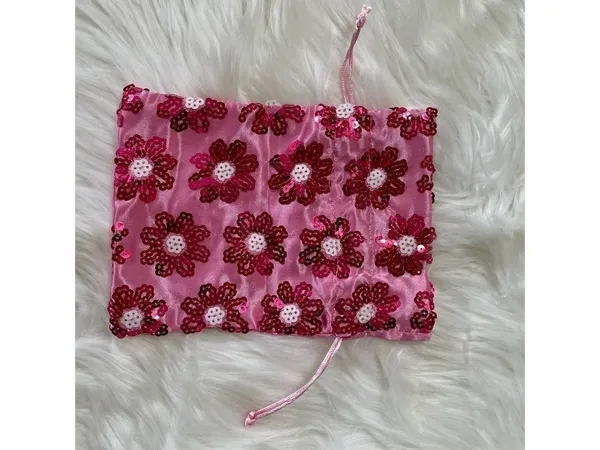 Pouch Pink Satin Sequin Drawstring Floral - Image 9