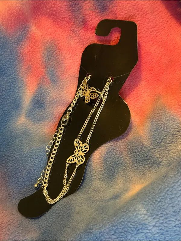 Silver Butterfly Layered Anklet with Toe Ring- Women Accessories - Image 3