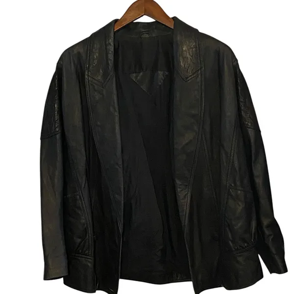 Vintage 80s 90s Black Leather Jacket shoulder pads Animal Print Detail - Image 4