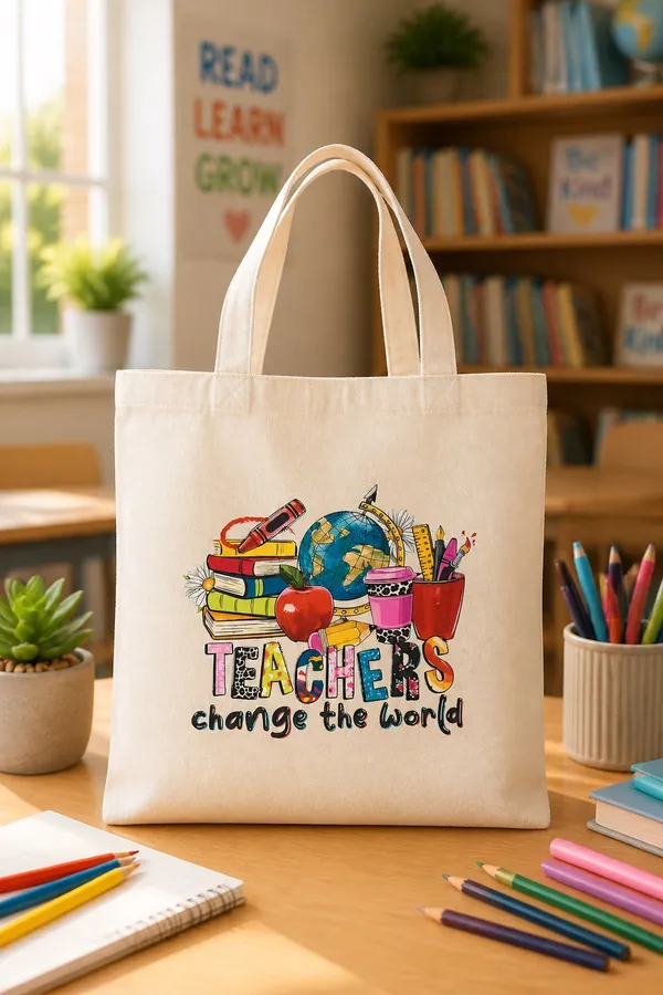 &merci “Teacher Change the World” Large Cream Color Canvas Tote Bag NWT - Image 2