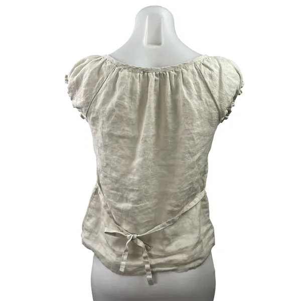 Brandy Melville Beige 100% Linen Short Sleeve Tie Back Henley Blouse Top Size M - Image 3