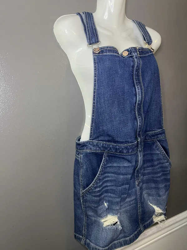 Hollister Denim Overall Dress Womens Medium Blue Skirtall Distressed Pockets - Image 3