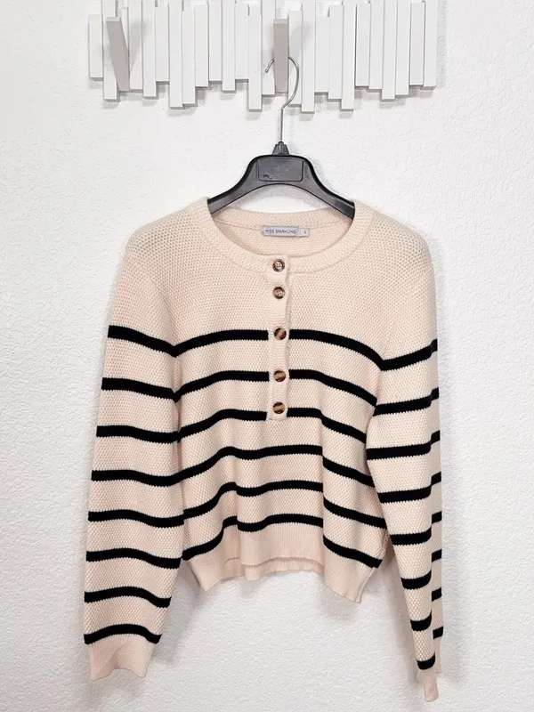 Miss Sparkling Cream Black Striped Knit Cardigan Sweater Coastal Preppy Fall - Image 2