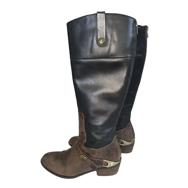 Sam Edelman Juliana Riding Boots Size 8.5M Black Brown‎ Leather Croc Embossed - Image 2