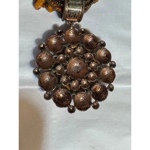 Brown Multi Strand Beaded Necklace Statement Pendant Boho Tribal 11” - Image 6
