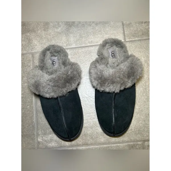 UGG Scuffette II Black Gray Suede Fur Lined Slip On Slippers Womens Shoe Size 10 - Image 3
