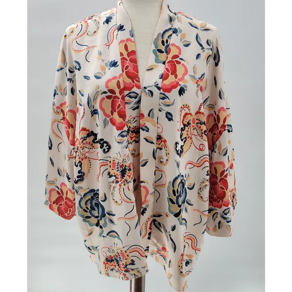 Zara TRF Outerwear Duster Kimono Jacket S-M White Floral Thick Fabric Open Front - Image 4