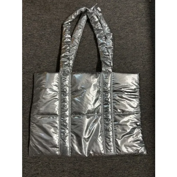 Bath & Body‎ Works Metallic Silver Puffer Tote Bag Quilted Logo Strap Handbag - Image 2