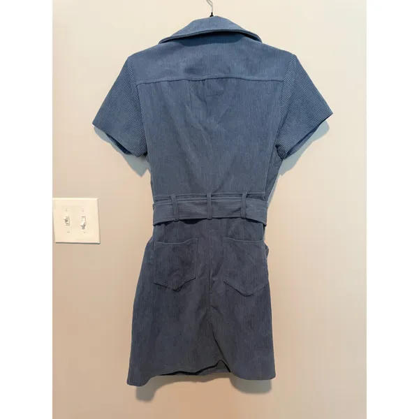Womens Blue Corduroy Zip Front Mini Dress Short Sleeve Belted Utility Retro - Image 2