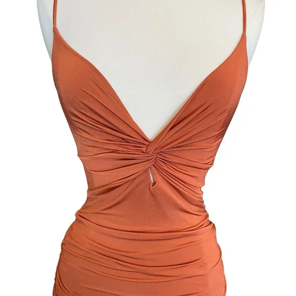 Better Be Ruched Body-con Plunge Mini Dress In Burnt Orange - Image 2