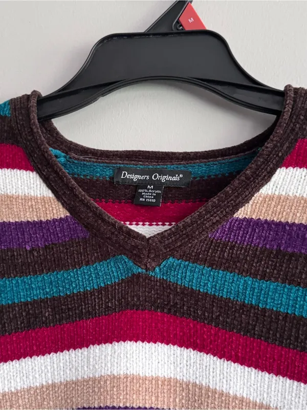 Designers Originals Striped V-Neck Sweater in Teal, Burgundy, Purple & Cream - Image 7