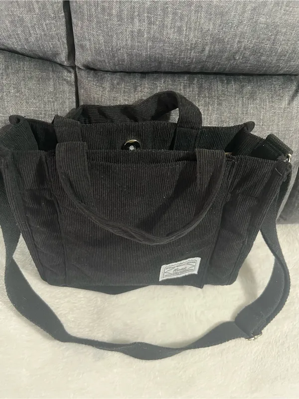Black Corduroy Men's Tote Bag with Adjustable Strap - Image 2
