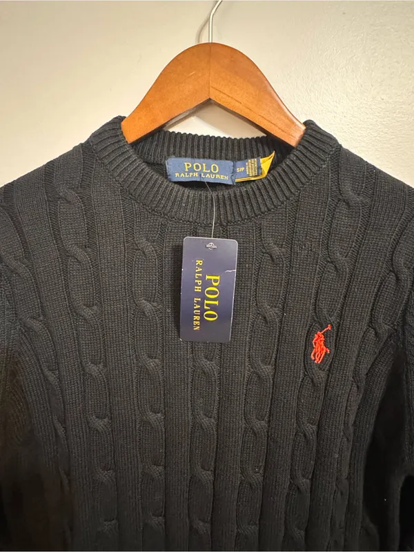Polo Ralph Lauren Black Cable Knit Crewneck Sweater Red Pony NWT Small - Image 2