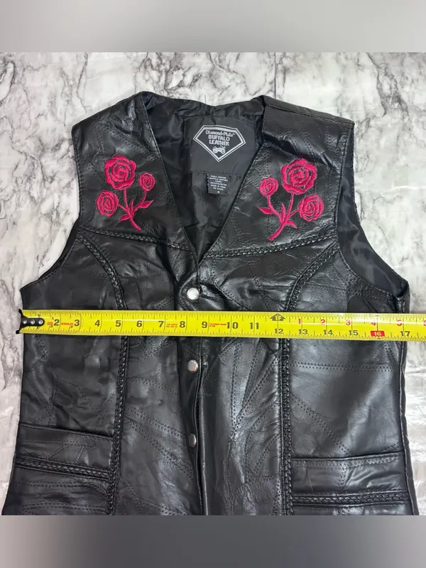 Diamond Plate 100% Buffalo Leather Vest Pink Rose Embroidery Biker small goth Black - Image 7