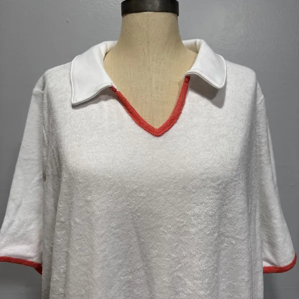 Denim & Co Beach Terry Cloth Knit Polo Contrast Trim Size 1X White A602904 Pool - Image 3
