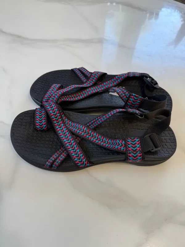 Airwalk Womens Black Sandals with Pink & Teal Patterned Straps - Image 3