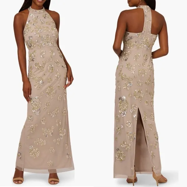 Adrianna Papell Sequin Floral High Neck Column Gown, Size‎ 8, Marble/Mauve, NWT - Image 2