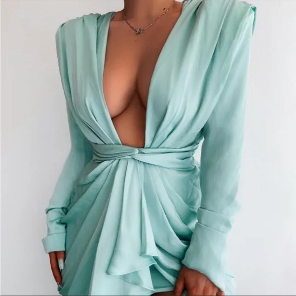 House of CB Pascale Aqua Draped Plunge Satin Mini Dress Womens Size M Mint Green - Image 8