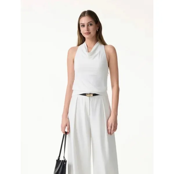 OGL Women Small White Stretch Linen Blend Cowl Neck Tank Top Brand New - Image 2