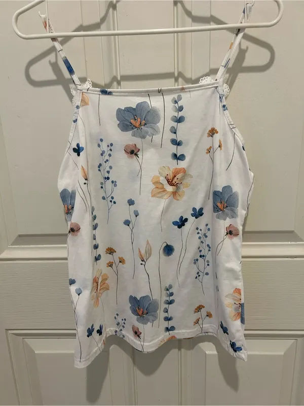 Floral Lace-Trim Camisole Top - White with Blue & Tan Flowers - Image 5