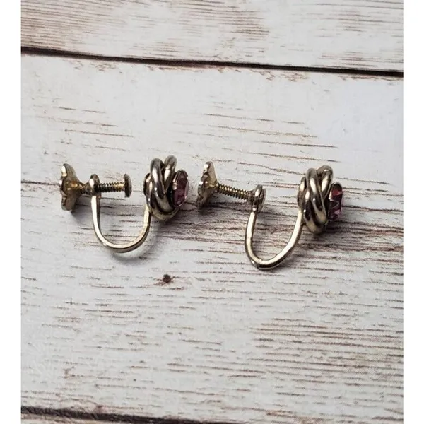Vintage Screw Back Earrings Dainty Pink Gem with Swirl Halo 3/8" - Image 5