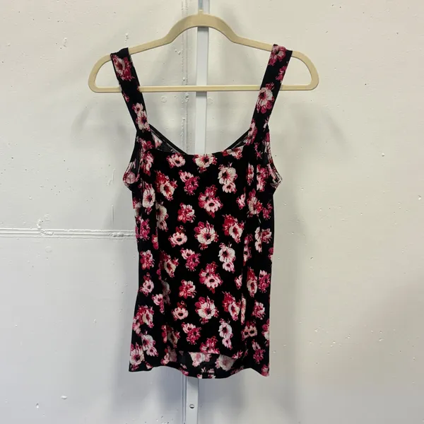 White House Black Market Floral Ruched V-Neck Tank Top Black Pink Size Large - Image 2