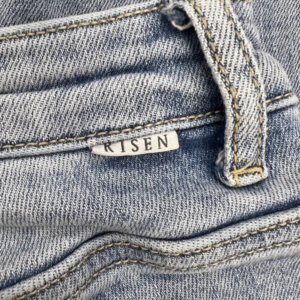 Risen High Rise Crossover Straight Leg Distressed Jeans Light Wash Size 7/28 - Image 11