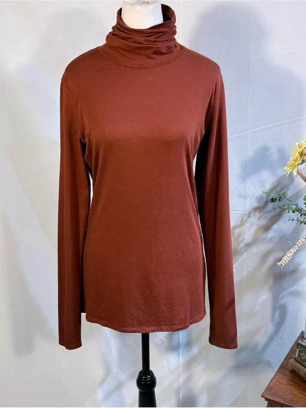 💥Peruvian Connection Extreme T-Neck Terracotta Pima Cotton Stretch Top Sz M🧡 - Image 3