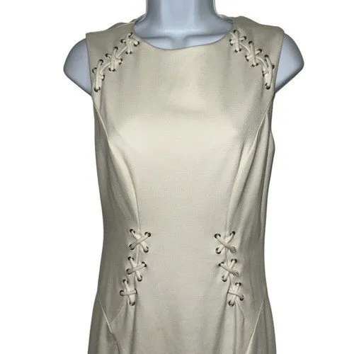 CACHE‎ Ivory Lace Up Grommet Cut Out Back Sleeveless Sheath Dress EUC Size 6 - Image 3
