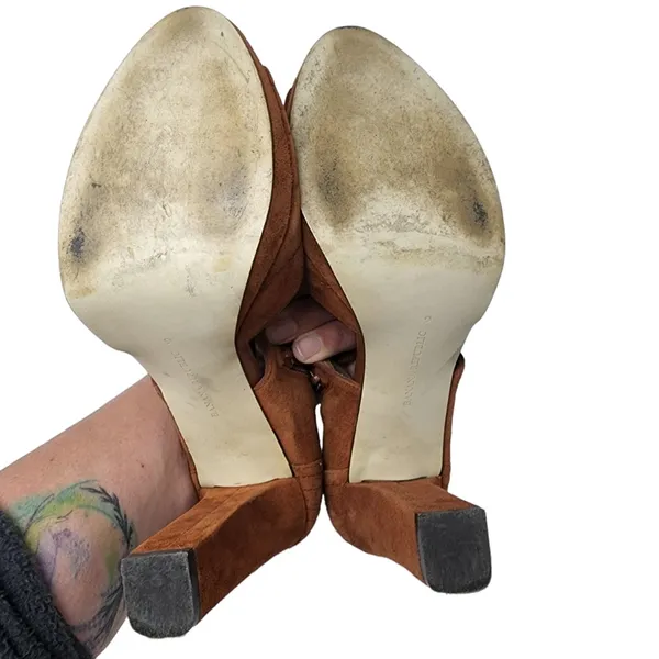 Banana Republic Platform Suede Shoes‎ Block Heel Cinnamon Peep Toe Side Zip 9 - Image 7