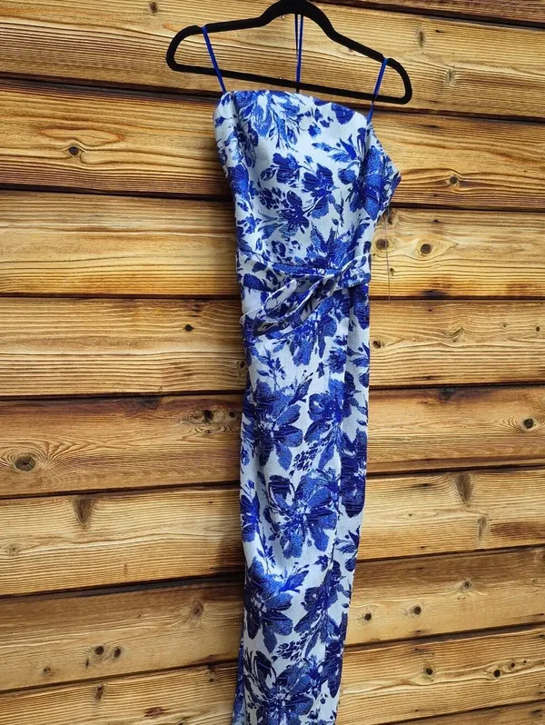 NWT Adrianna Papell Aidan Mattox Blue Floral Jacquard Gown Size 10 - Image 6