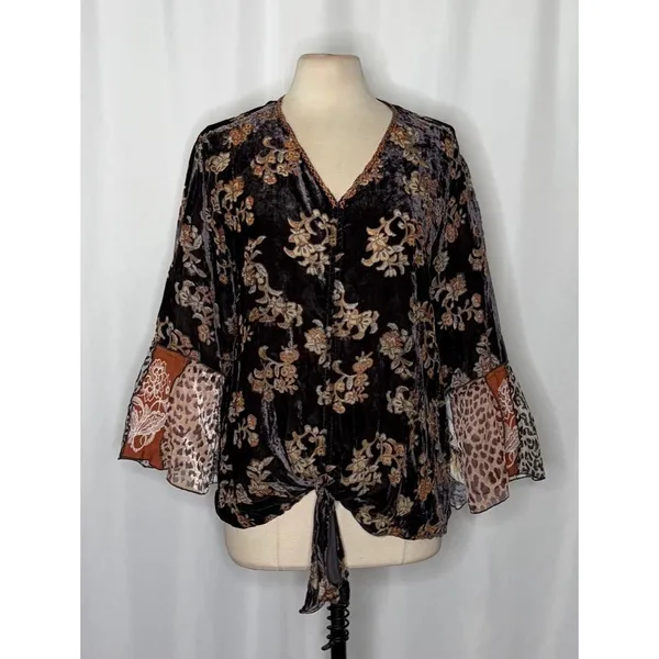 JOHN MARK Floral Velvet Burnout Animal Bell Sleeve Blouse Top Tie Waist Large - Image 2