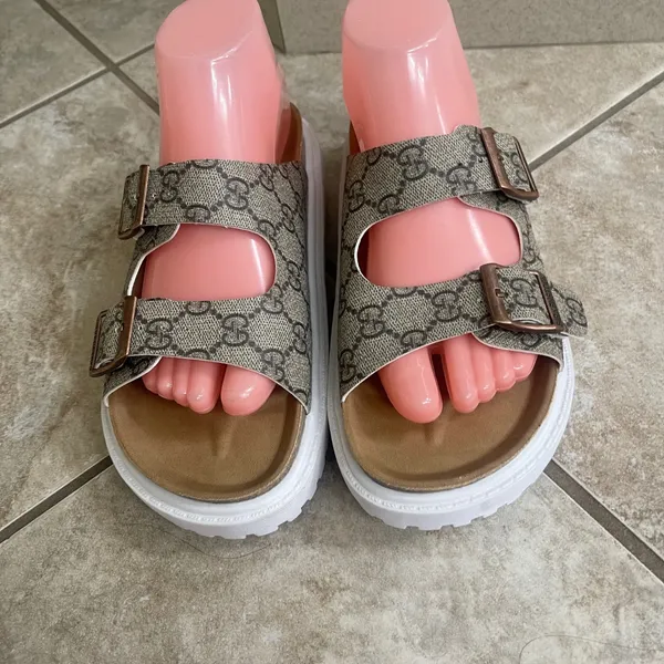 Birkenstock Arizona Platform Monogram Sandals Brown Tan White Lug Sole 38 L7 M5 - Image 2